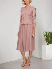 A-line Scoop Tea-Length Lace Chiffon Mother of the Bride Dress With Embroidery