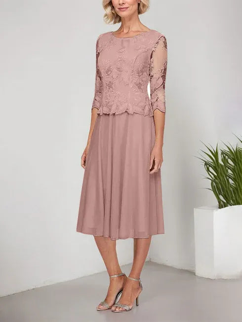 A-line Scoop Tea-Length Lace Chiffon Mother of the Bride Dress With Embroidery