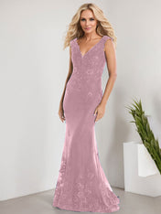 A-line V-Neck Floor-Length Lace Chiffon Mother of the Bride Dress With Applique Sequins Mermaid Dresses