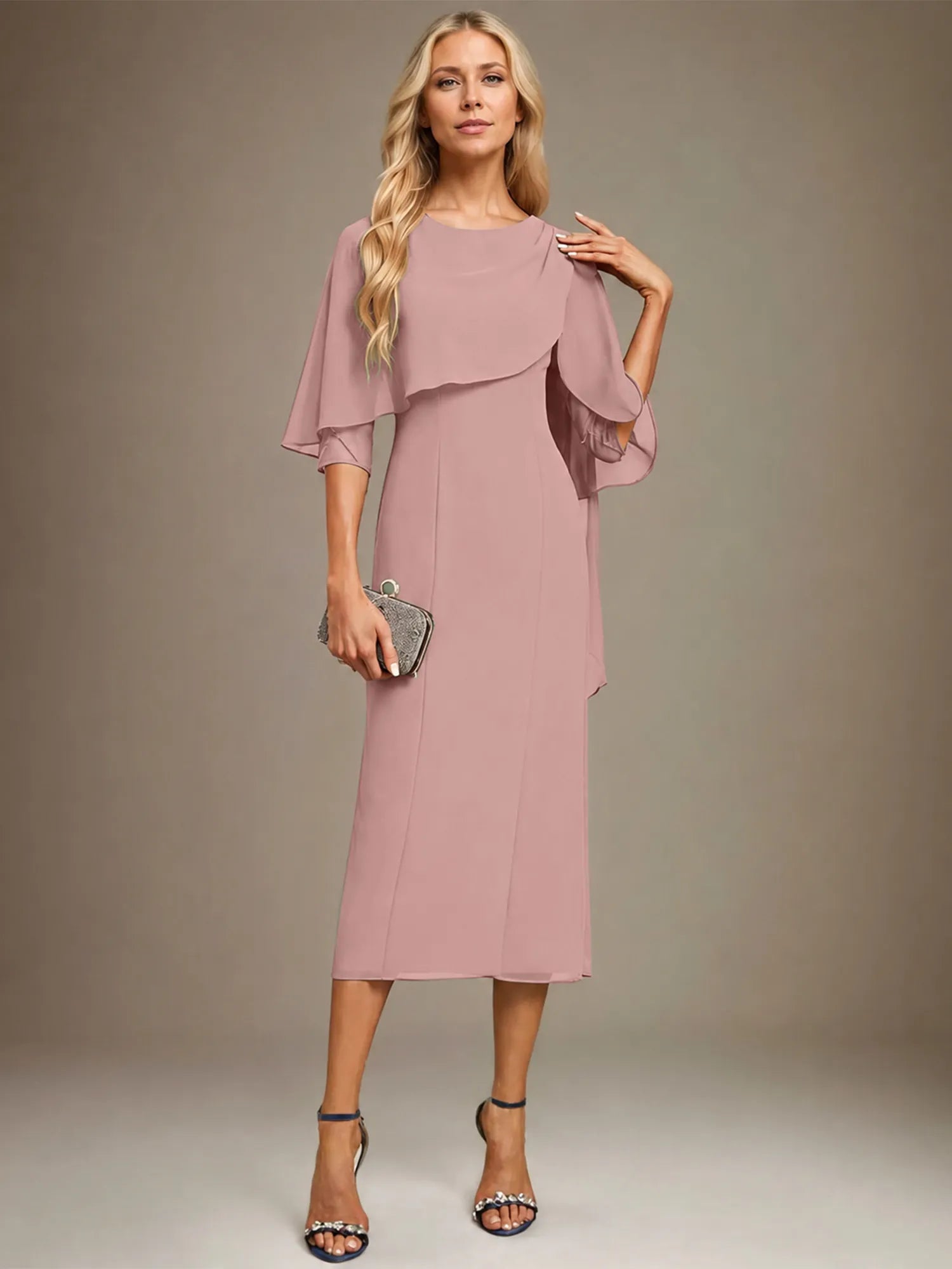 Sheath/Column Scoop Tea Length Chiffon Dress With Pleated Beading