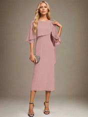Sheath/Column Scoop Tea Length Chiffon Dress With Pleated Beading