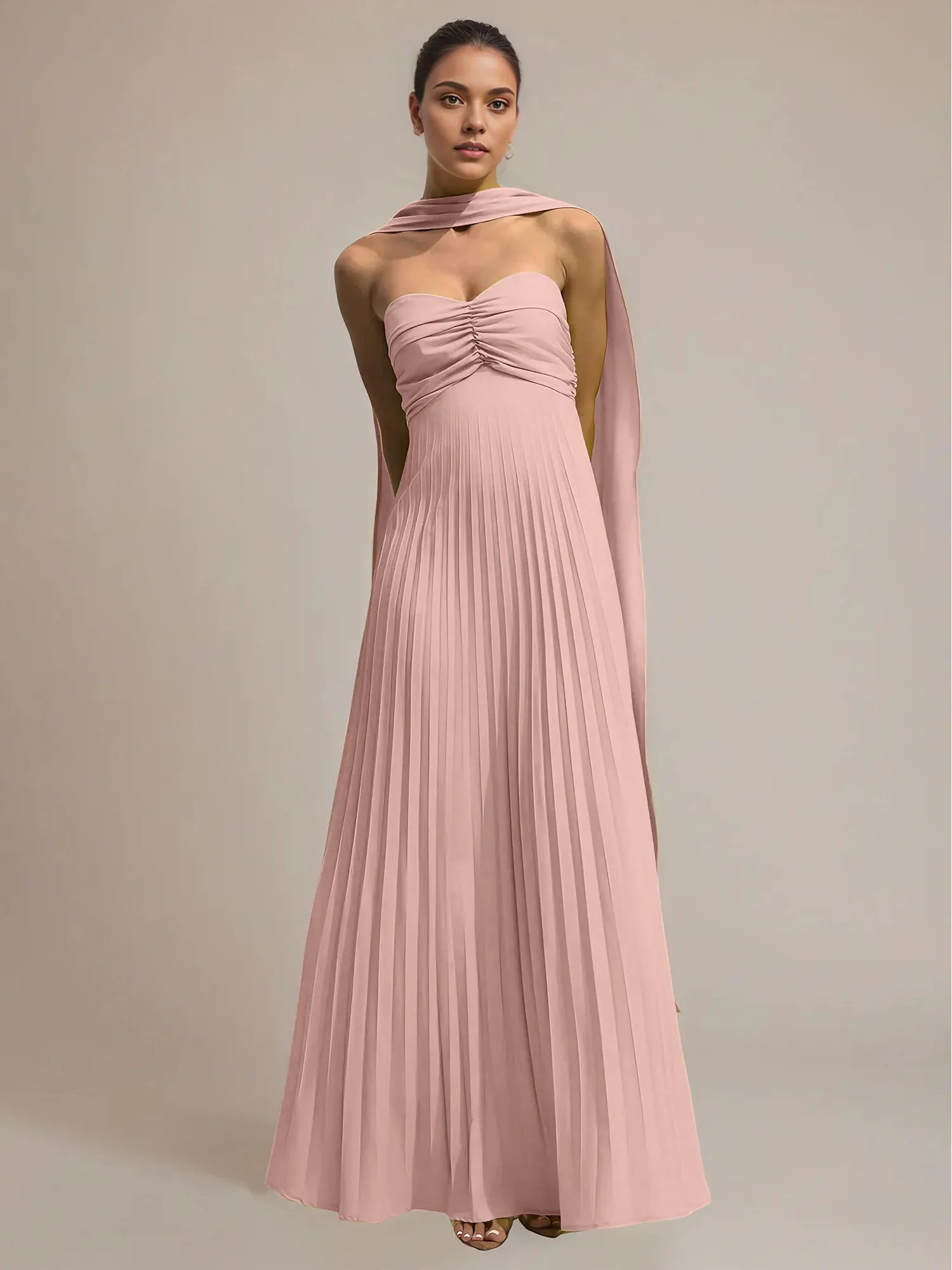 Green Chiffon A Line Off The Shoulder Sleeveless Floor Length Pleated Dress