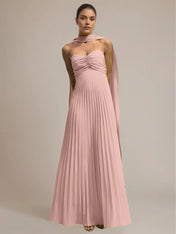 Green Chiffon A Line Off The Shoulder Sleeveless Floor Length Pleated Dress