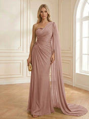 Sage Green One Shoulder Beaded Evening Gown with Cape Sleeve