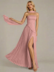 Navy A Line Satin Off The Shoulder Sleeveless Floor Length Dress