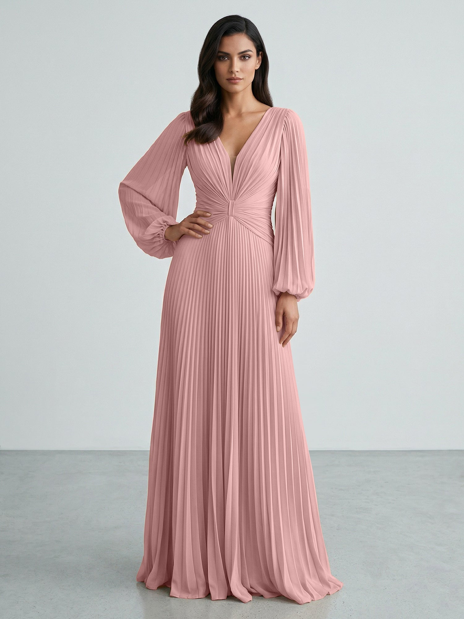 Slate Blue Plunging V-Neck Pleated Long Sleeve Maxi Dress Gown