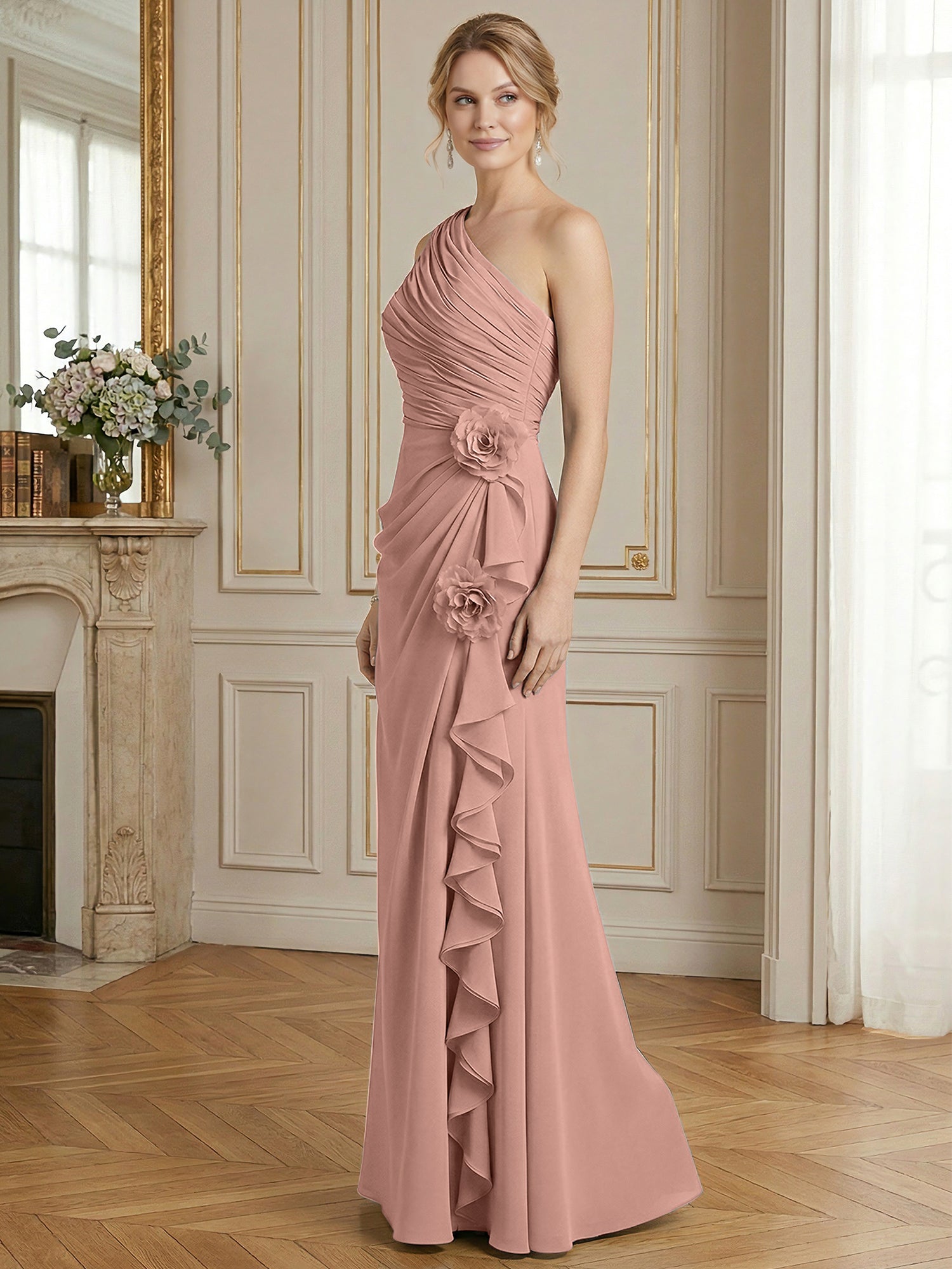 Dusty Blue One-Shoulder Ruched Floral Maxi Dress Gown