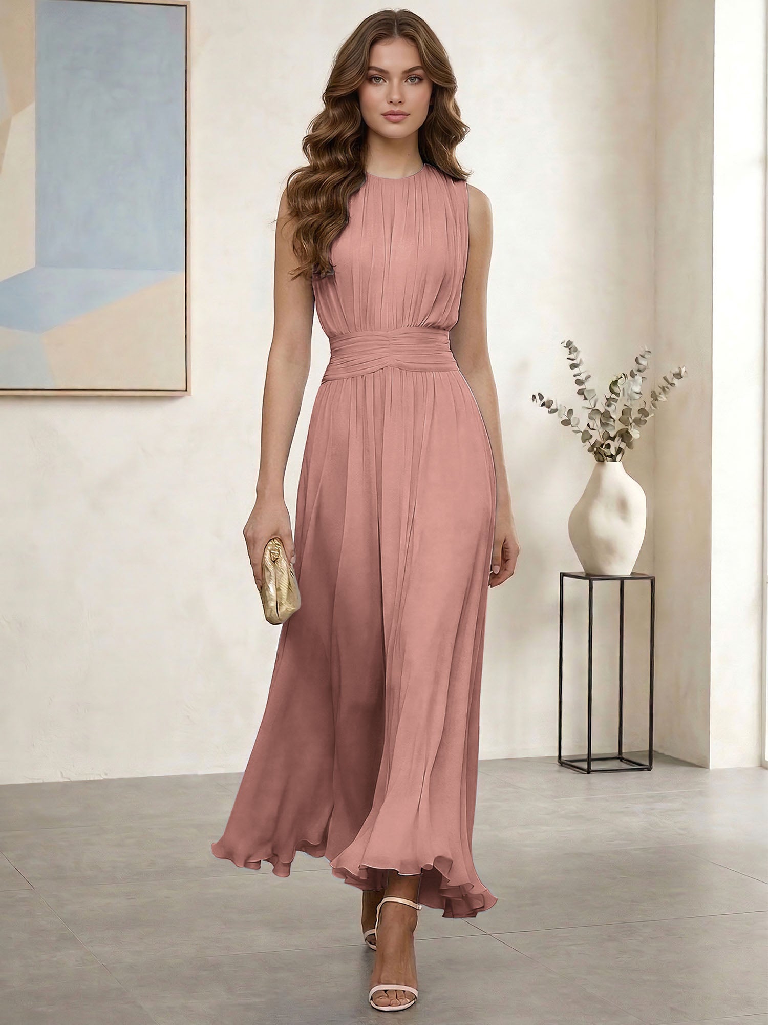Ethereal Formal Evening Dress Ice Blue Pleated Chiffon Maxi Gown
