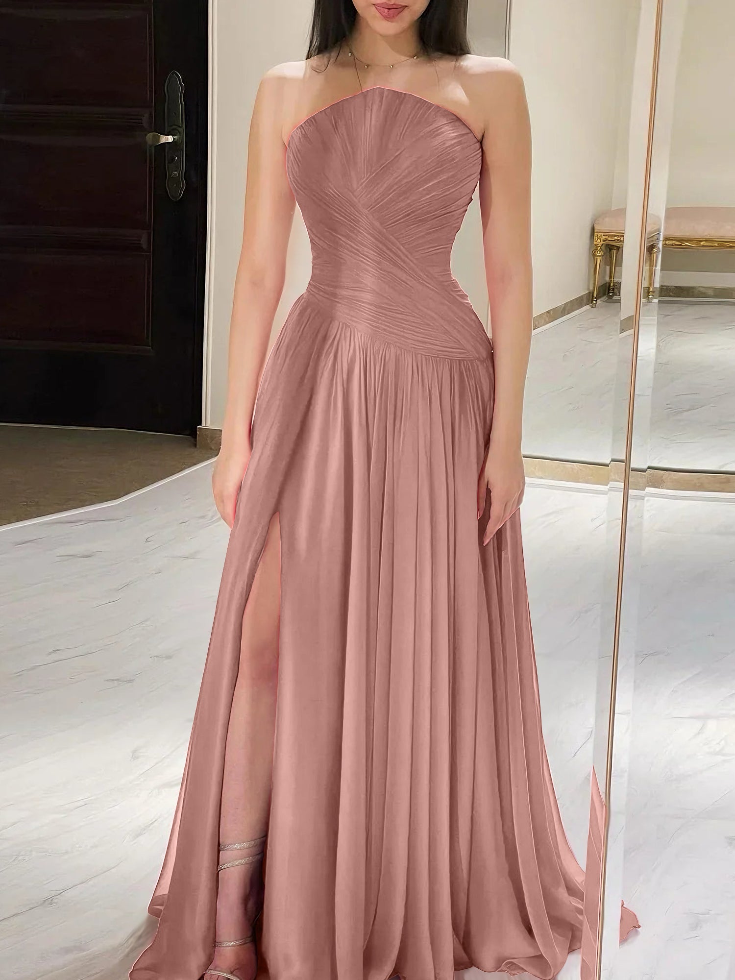 Red Pleated Chiffon Strapless Long Prom Dress with Slit