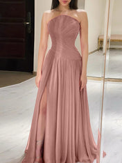 Red Pleated Chiffon Strapless Long Prom Dress with Slit
