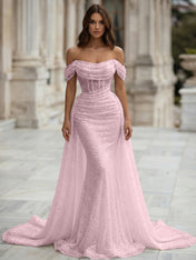 White Sequin Corset Mermaid Prom Dress with Overskirt
