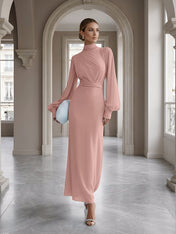 Ice Blue High-Neck Bishop Sleeve Gown Foraml Evening Dress