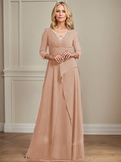 A-line V-Neck Floor-Length Chiffon Mother of the Bride Dress With Pleated Beading