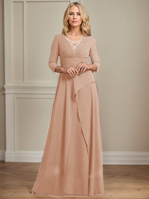 A-line V-Neck Floor-Length Chiffon Mother of the Bride Dress With Pleated Beading