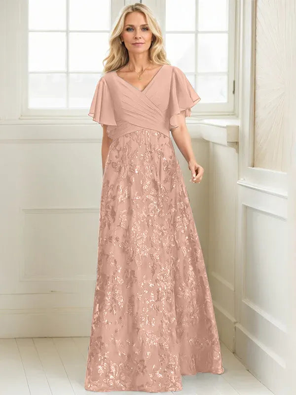 Robe de mère de la mariée trapèze, col en V, longueur au sol, en mousseline de soie et dentelle à sequins, avec plis 