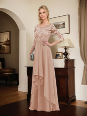 Dreamylily A-line Scoop Illusion Floor-Length Lace Chiffon Mother of the Bride Dress With Cascading Ruffles Dreamylily A-line Scoop Illusion Floor-Length Lace Chiffon Mother of the Bride Dress With Cascading Ruffles