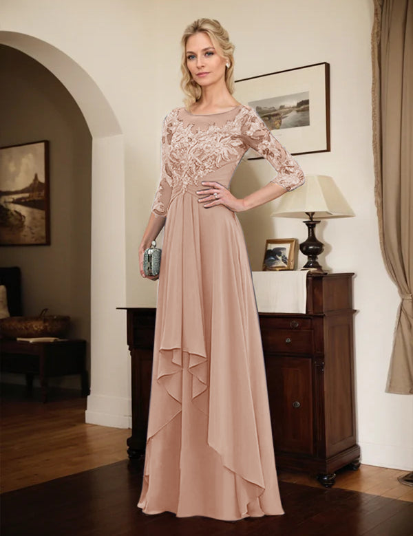 Robe de mère de la mariée trapèze en mousseline de soie et dentelle, longueur au sol, avec volants en cascade 