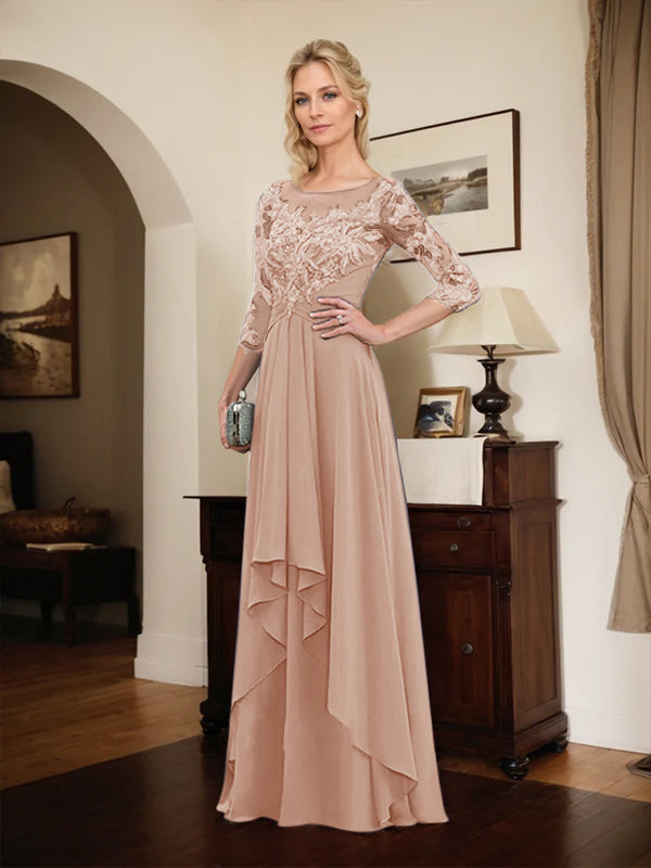 A-line Scoop Illusion Floor-Length Lace Chiffon Mother of the Bride Dress With Cascading Ruffles