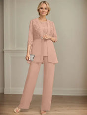 Jumpsuit/Pantsuit Separates Scoop Floor-Length Chiffon Lace Mother of the Bride Dress With Sequins