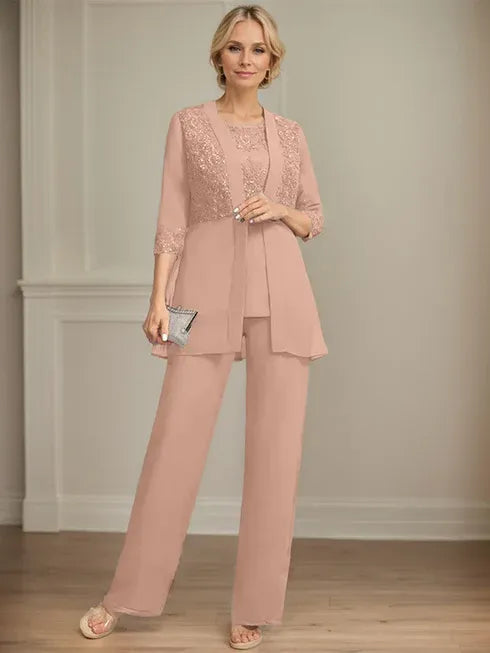 Pantsuit Separates Scoop Floor-Length Chiffon Lace Mother of the Bride Dress With Sequins