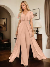 Jumpsuit/Pantsuit V-Neck Floor-Length Chiffon Evening Dress