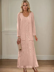 Sheath/Column V-Neck Ankle-Length Mother of the Bride Dresses with Jacket & Sequins