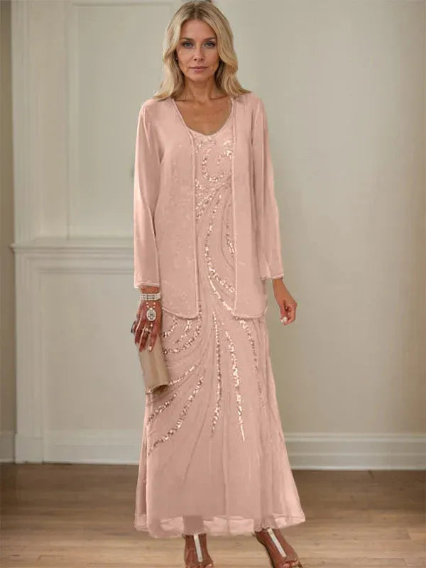 Robe de mère de la mariée fourreau/colonne, col en V, longueur cheville, avec veste et paillettes 