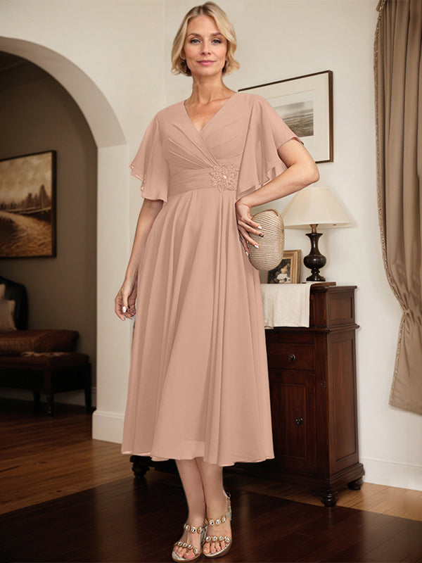 A-line V-Neck Tea-Length Chiffon Mother of the Bride Dress With Pleated Beading