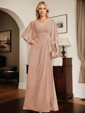 Sheath/Column V-Neck Floor-Length Chiffon Mother of the Bride Dress With Pleated Sequins Beading