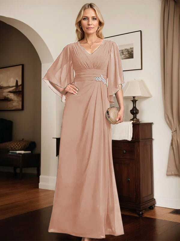 Column V-Neck Floor-Length Chiffon Mother of the Bride Dress With Pleated Sequins Beading