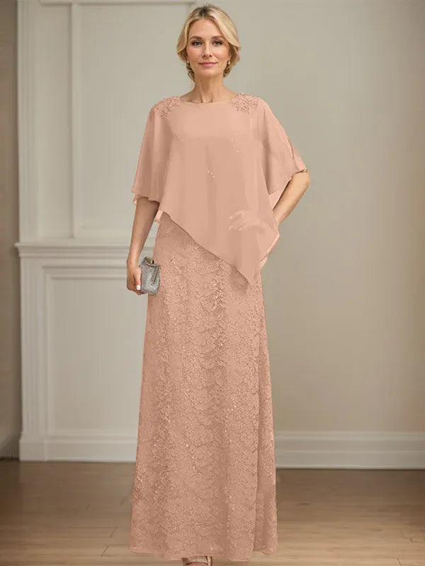 Column Scoop Floor-Length Chiffon Lace Mother of the Bride Dress With Sequins Beading