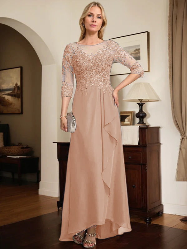 A-line Scoop Illusion Asymmetrical Lace Chiffon Mother of the Bride Dress With Sequins Cascading Ruffles