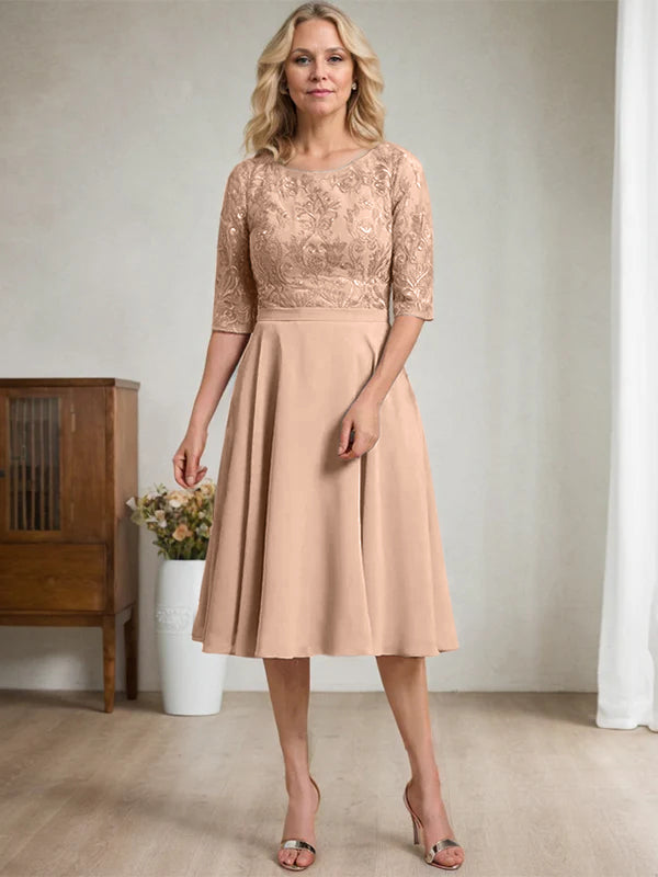 A-line Scoop Knee-Length Lace Chiffon Mother of the Bride Dress