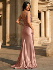 Sky Blue Satin Corset Long Prom Dress with Draped Neckline