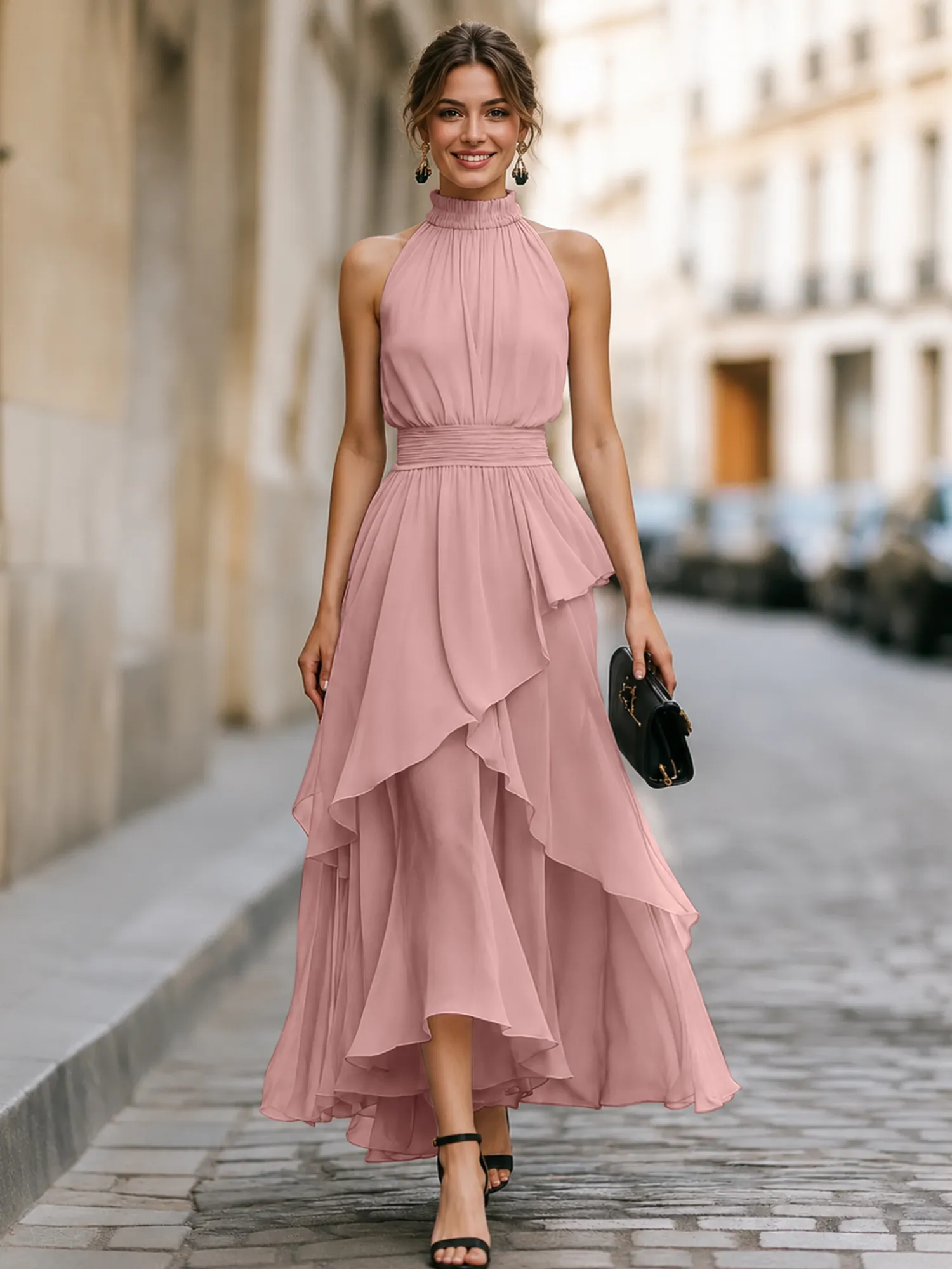 Ruffled Halter High Neck Asymmetrical Tiered Chiffon Evening Dresses
