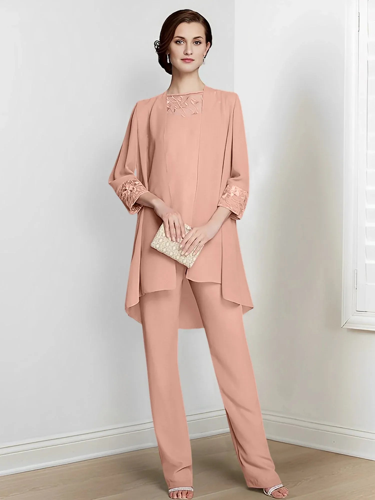 Tailleur-pantalon en mousseline à manches longues pour mère de la mariée avec veste 