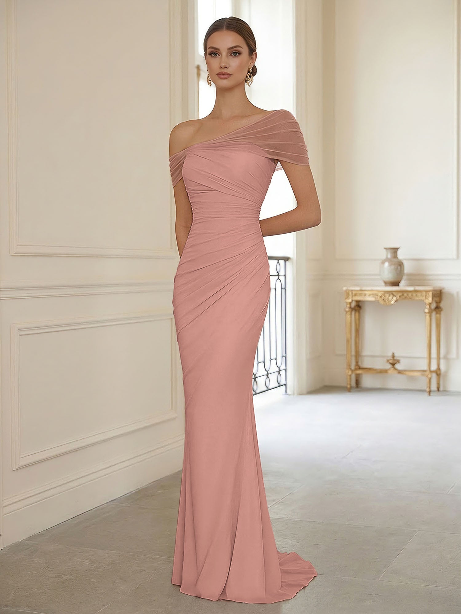 Sophisticated Blush Pink Asymmetrical Ruched Maxi Dress Evening Gown