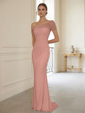 Sophisticated Blush Pink Asymmetrical Ruched Maxi Dress Evening Gown