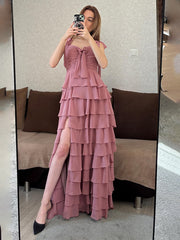 Dusty Rose A-Line Sweetheart Chiffon Tiered Long Prom Dress with Slit