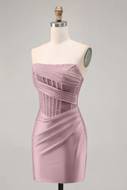 Dusty Rose Satin Corset Strapless Ruched Bodycon Homecoming Dress