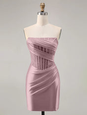 Dusty Rose Satin Corset Strapless Ruched Bodycon Homecoming Dress