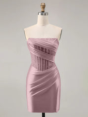 Dusty Rose Satin Corset Strapless Ruched Bodycon Homecoming Dress