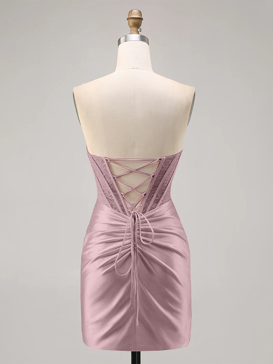Dusty Rose Satin Corset Strapless Ruched Bodycon Homecoming Dress