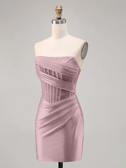 Dusty Rose Satin Corset Strapless Ruched Bodycon Homecoming Dress