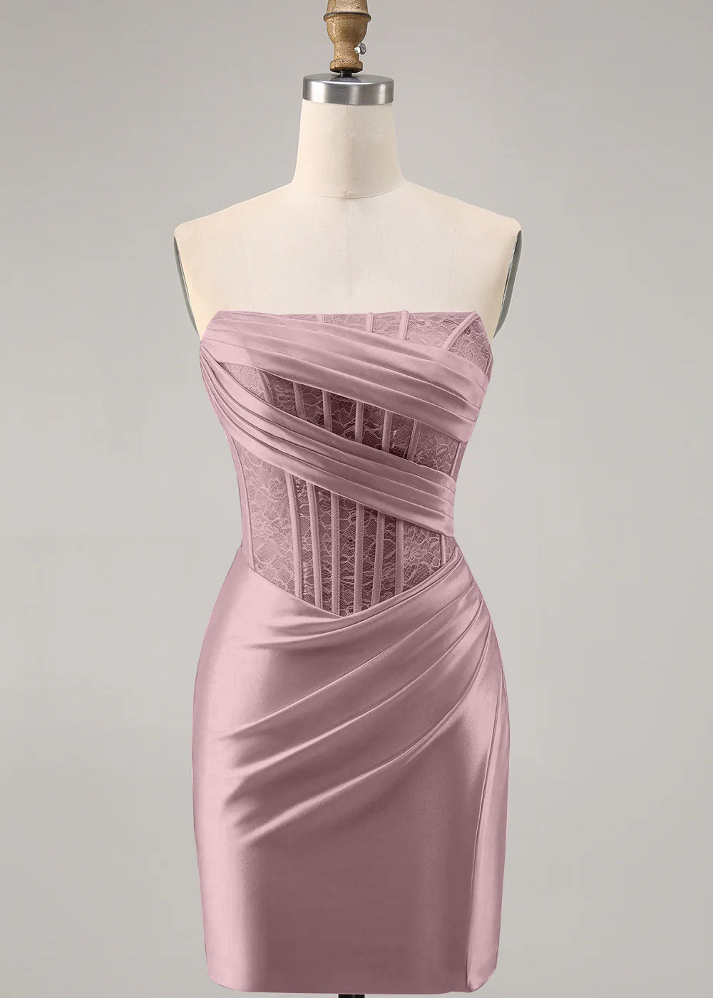 Dusty Rose Satin Corset Strapless Ruched Bodycon Homecoming Dress