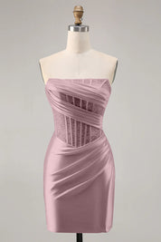 Dusty Rose Satin Corset Strapless Ruched Bodycon Homecoming Dress