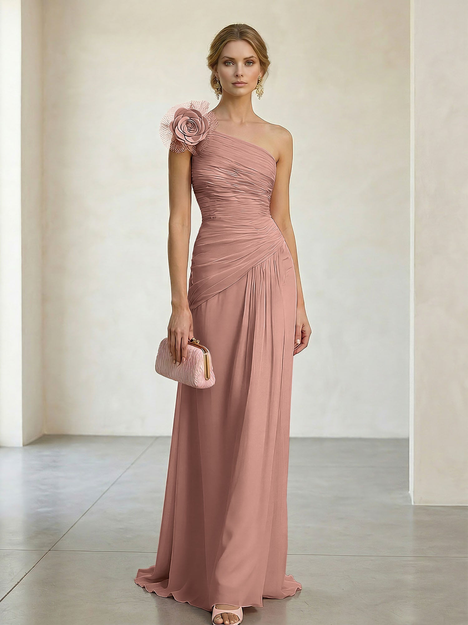 Blush Pink One-Shoulder Ruched 3D Floral Gown Dress