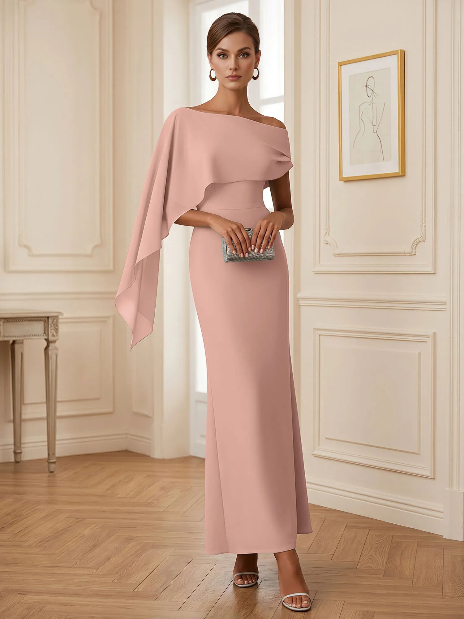 Elegant Mint Green One-Shoulder Chiffon Mermaid Formal Evening Dress with Cape and Ruffles