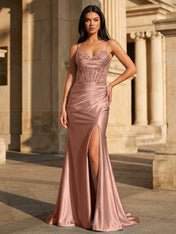 Sky Blue Satin Corset Long Prom Dress with Draped Neckline