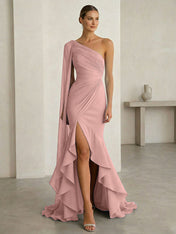 Glamorous Midnight Navy Formal Evening Dress One-Shoulder Ruched Cape Gown